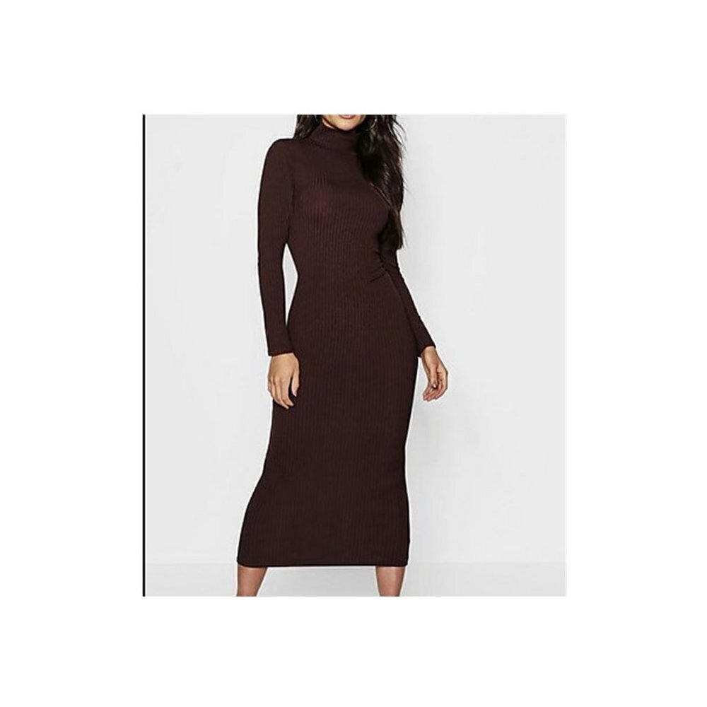 🏆076 Boohoo Ribbed Long Sleeve Black Bodycon Dress